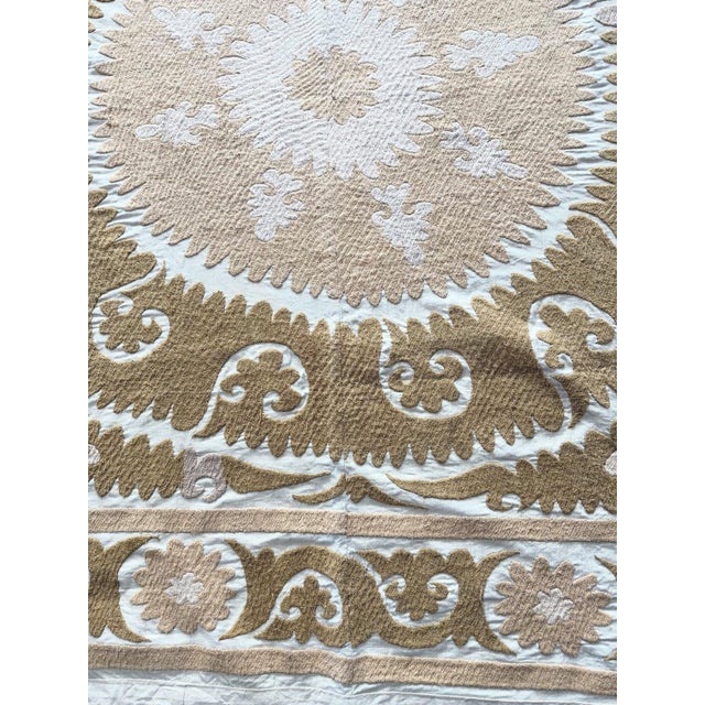 Mid-Century Modern Suzani Wall Hanging Decor - Neutral Tan Uzbek Tablecloth For Sale - Image 3 of 9