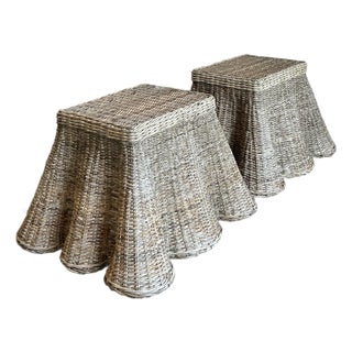 Vintage Coastal Woven Rattan Draped Side Tables - A Pair For Sale