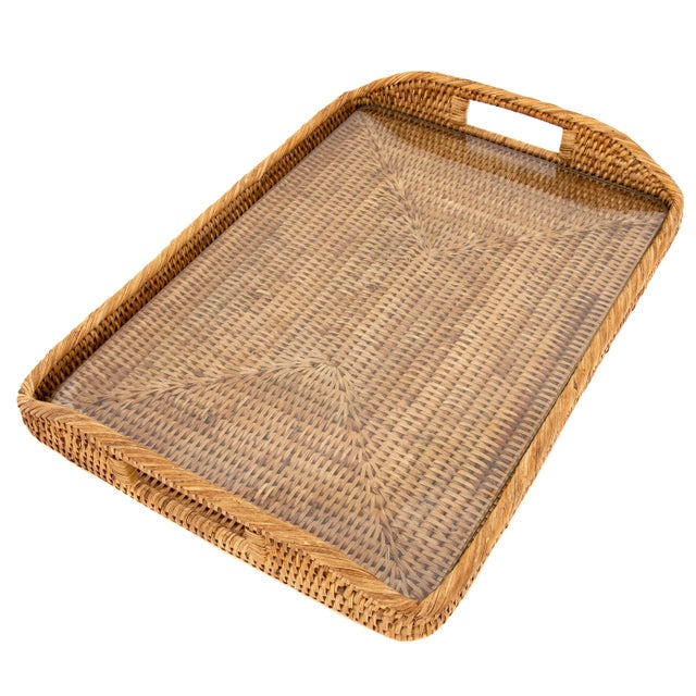 2020s Artifacts Rattan Rectangular Tray with Glass Insert in Honey Brown - 14" For Sale - Image 5 of 5
