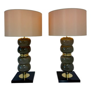 Art Deco Italian Grey Murano Glass Table Lamps, 2000s, Set of 2 For Sale