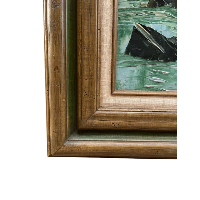 Framed Seascape Painting of Crashing Waves in Aqua With Pink Sky For Sale - Image 10 of 15