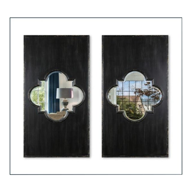 Large Wall Panels With Quatrefoil Mirrors - Black Hand-Painted Finish For Sale