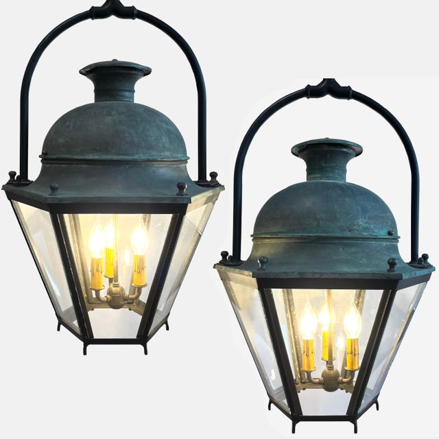 19th Century French Copper Street Lanterns - Pair - Rewired - 6 Foot Chains For Sale - Image 12 of 12