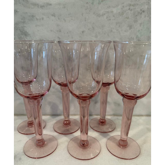 Traditional Set of 6 Vintage Pink Hand Blown Wine Goblets For Sale - Image 3 of 9