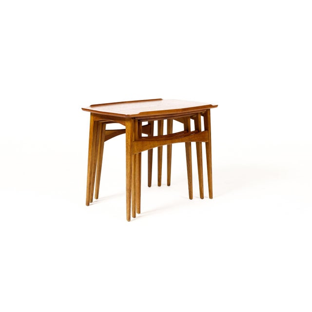 Wood Danish Modern Mid Century Vintage Teak + Oak Nesting Tables — Set of Three — Attributed to Svend Aage Madsen For Sale - Image 7 of 15