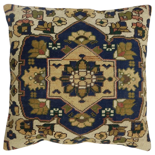 Pillow made from a Turkish Anatolian rug from the 20th century with navy blue. olive and beige accents. Polyfill insert...