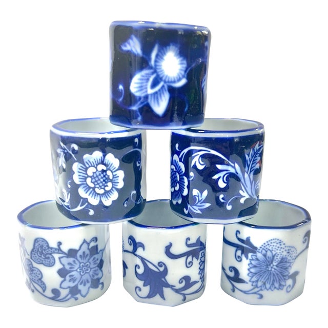 Blue & White Chinoiserie Porcelain Napkin Rings – Set of 6 For Sale