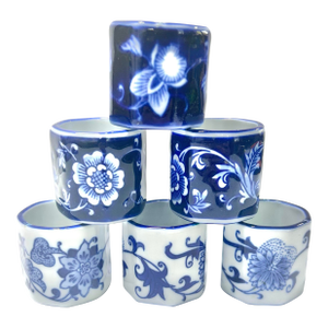 Blue & White Chinoiserie Porcelain Napkin Rings – Set of 6