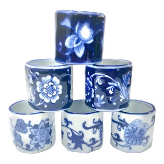 Vintage Blue & White Porcelain Napkin Rings With Floral Pattern- Set of 4 For Sale
