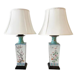 Early 20th Century Chinese Export Turquoise/ White Famille-Verte Floral Vases Now as Lamps - a Pair