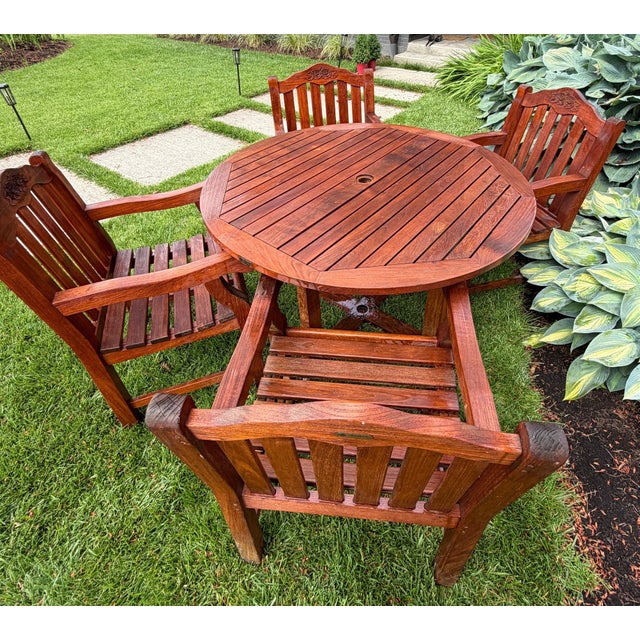 Sienna 1990s Exceptional Vintage Hand-Carved Estate-Quality 5-Piece Solid Teak Patio Dining Set For Sale - Image 8 of 13