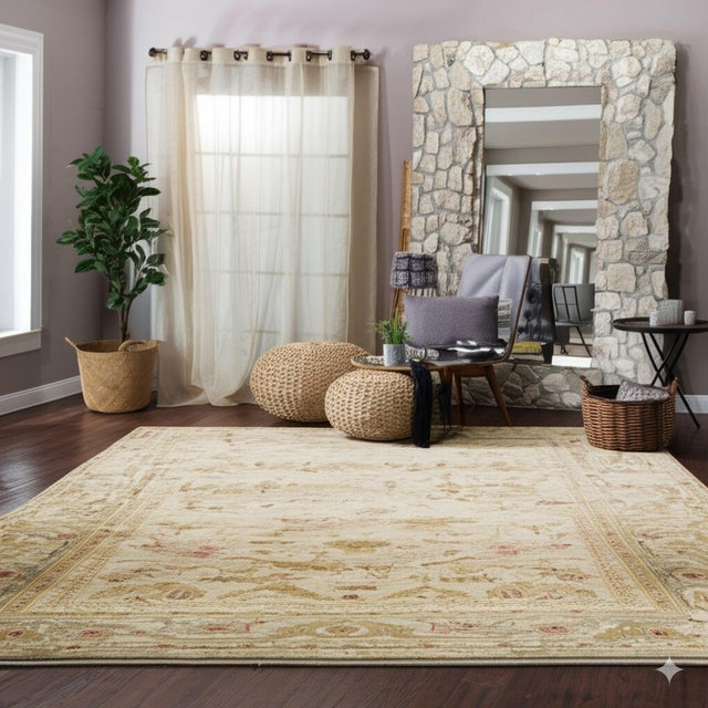 Light Antique Turkish Oushak Design Beige Modern Contemporary Mohair Rug Carpet For Sale - Image 4 of 7