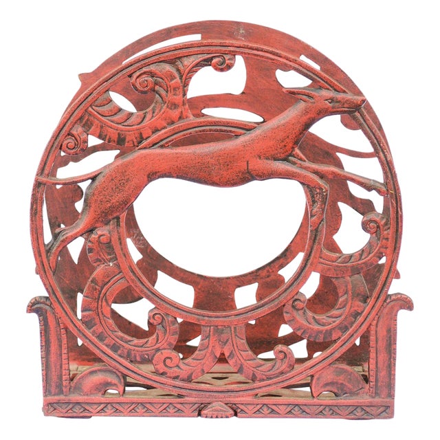 English 1930s Red Painted Metal Magazine Rack with Medallions and Greyhounds For Sale