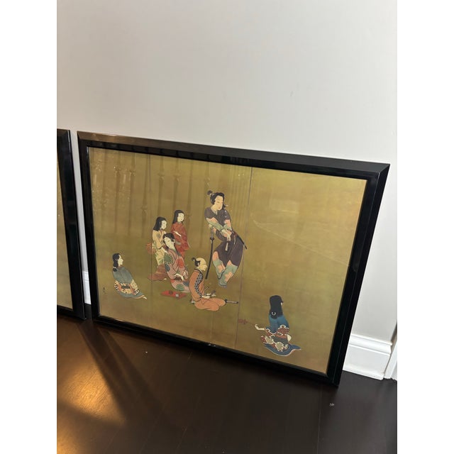 Offered is a pair of vintage framed print from a painting on gold paper from the right half of a six panel screen and the...