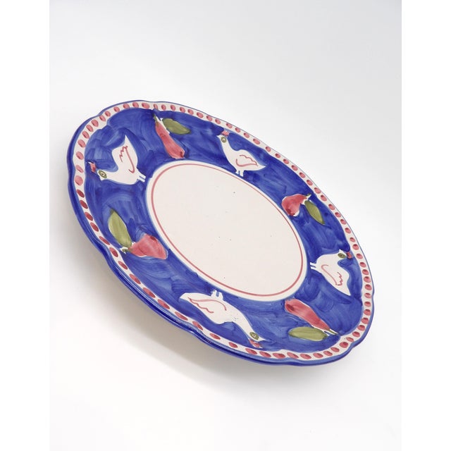 Blue and White Italian Plate/Platter With Roosters and Pears With Red Dots 11" For Sale - Image 4 of 8