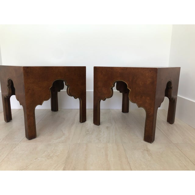 Pair of Moroccan inspired beautifully burled carpathian elm side tables with gilded aprons on all four sides. Repertoire...