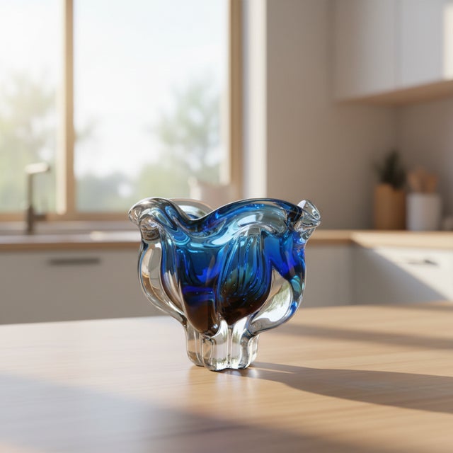 Vintage Art Glass Pentagon Bowl in Blue & Yellow by Josef Hospodka for Chřibská Glassworks, 1960s For Sale - Image 4 of 6