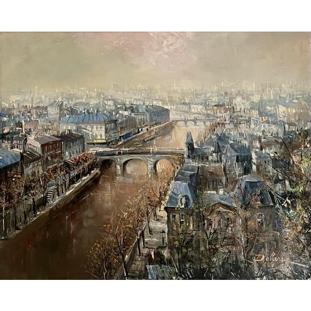 Lucien DelarueLarge French Oil Painting Paris, Seine River w Bridge, Landscape, Lucien Delarue, c.1950's For Sale - Image 12 of 12