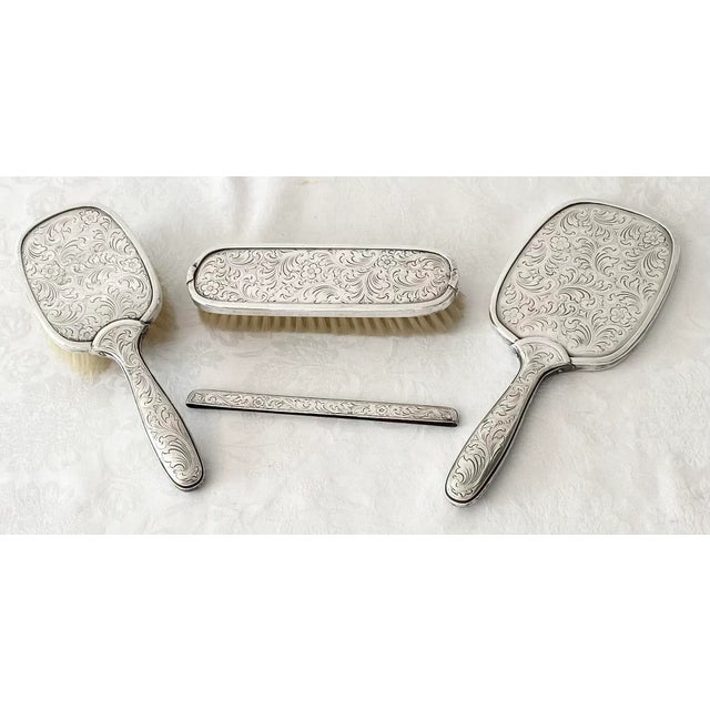 Mid 20th Century Silver Vaniety Set European Silver 835 With Crescent and Crown Hallmark, Brush, Mirror, Comb Cover, Clothes Brush - 4 Pieces. For Sale - Image 10 of 12