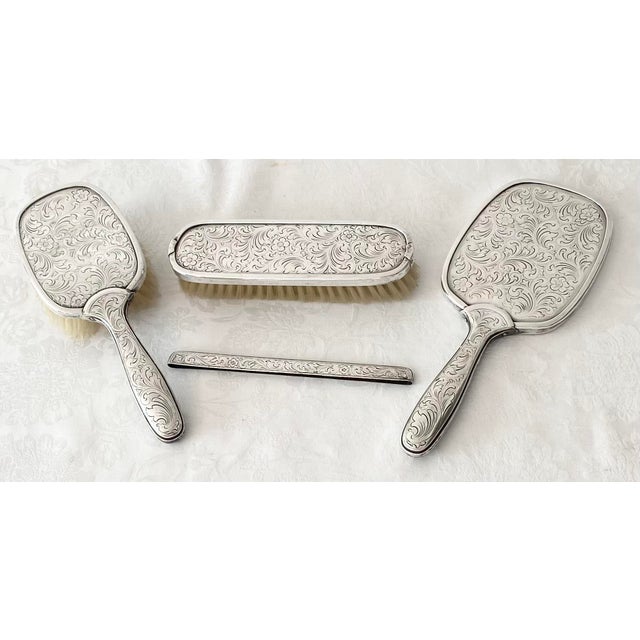 Vintage European Silver 835 With Crescent and Crown Hallmark Vanity Set Brush, Mirror, Comb Cover, Clothes Brush - 4 Pieces For Sale - Image 10 of 12