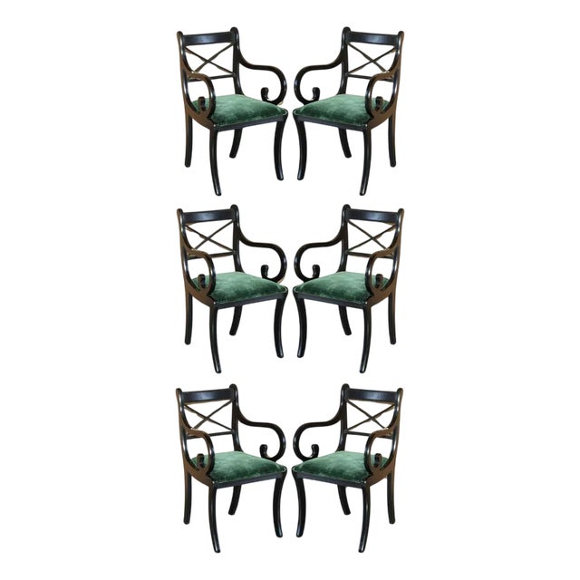 Vintage English Regency Green Velvet Dining Chairs, Set of 6 For Sale
