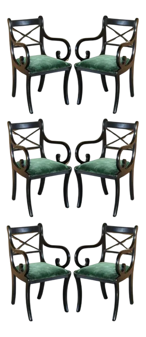 Vintage English Regency Green Velvet Dining Chairs, Set of 6