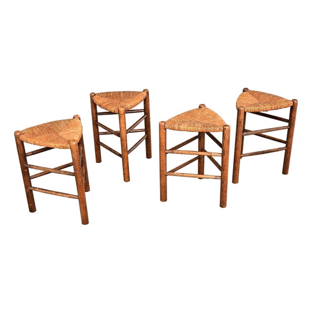 French Vintage Set of Four Oak and Rush Seat Triangular Stools For Sale