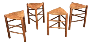 French Vintage Set of Four Oak and Rush Seat Triangular Stools