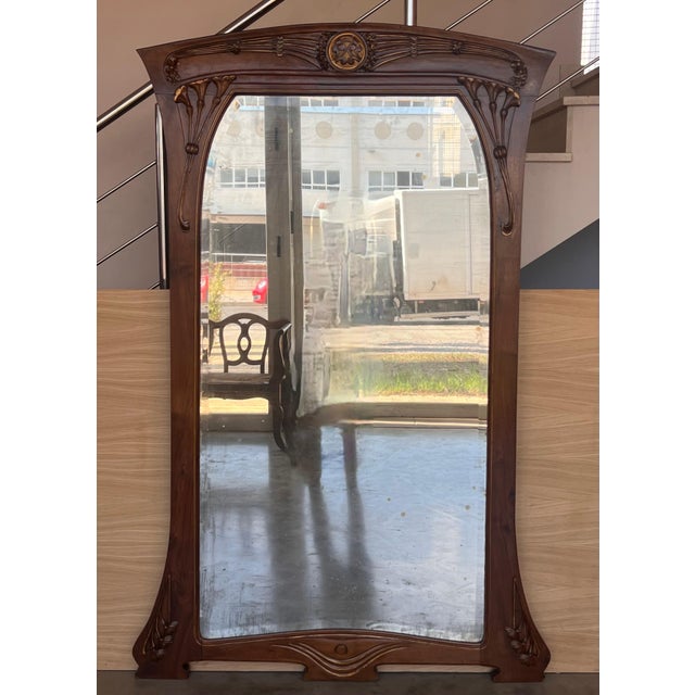 French Art Nouveau Carved Wood l Mantle Wall Mirror Glass Embossed For Sale - Image 17 of 18