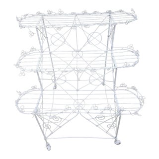 Vintage White Wire 3-Tier Rolling Plant Stand on Casters For Sale