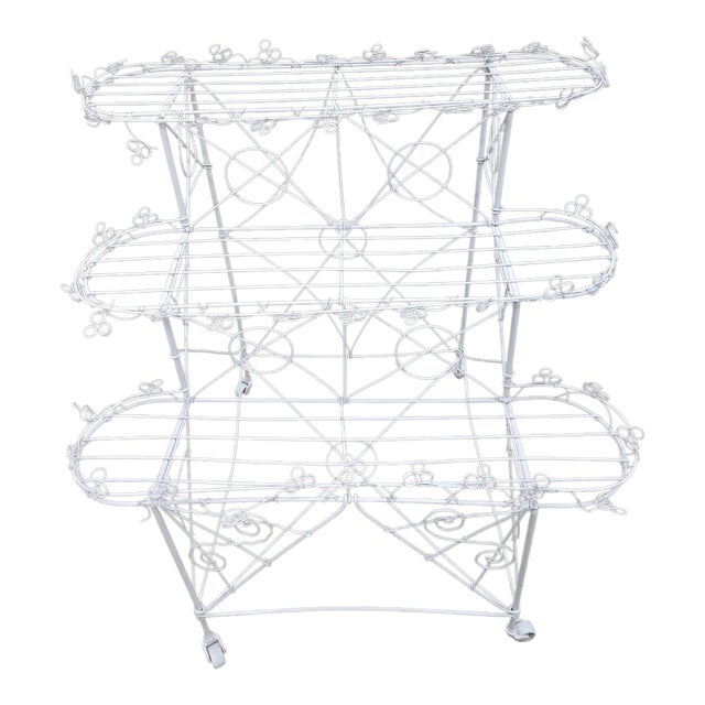Vintage White Wire 3-Tier Rolling Plant Stand on Casters For Sale