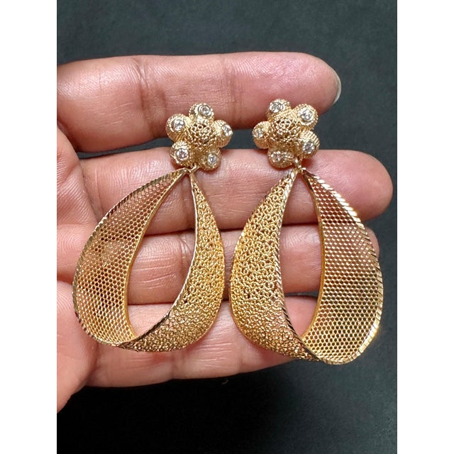 Gold 21 Kt Yellow Gold 12.8 Gm Dangling Earrings With Diamonds, 2.2 Inch Long For Sale - Image 8 of 8