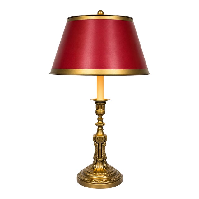 Neoclassical Solid Brass Table Lamp With Red Shade For Sale