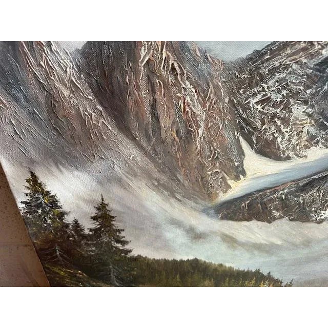 A vintage mountain lake oil painting by Joachim Lemke of Munich — traditional European art that suits lodge, chalet, or...
