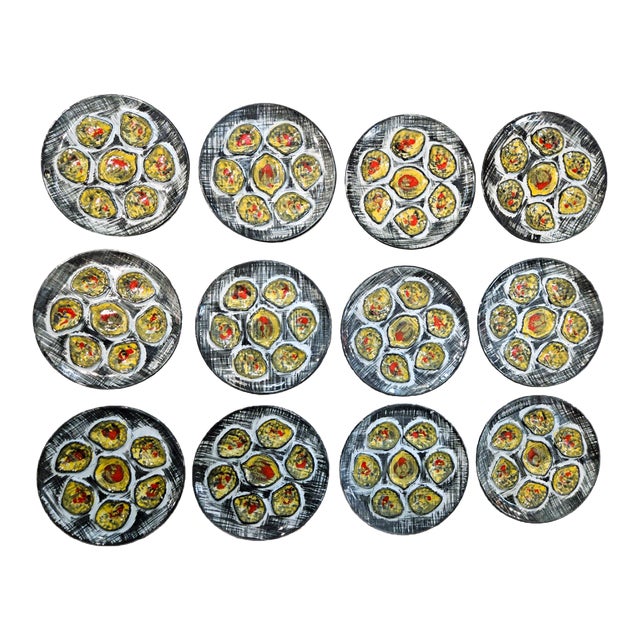 Ode to the Oyster: A Mid-Century French Affair a Complete Set of Twelve Hand-Painted Mbfa Pornic Pottery Oyster Plate For Sale