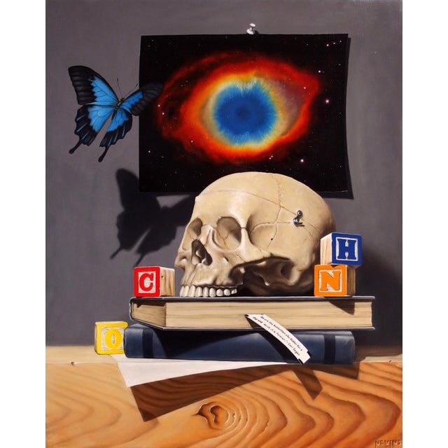 This oil on panel artwork presents a meticulously arranged still life featuring a human skull, children's blocks, and a...