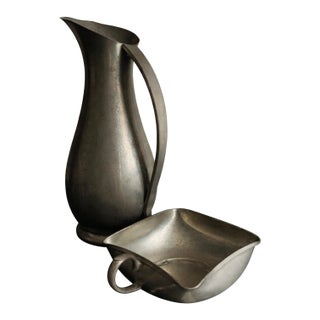 Mid-Century Royal Holland Sculptural Pewter Pitcher With Original Basin For Sale