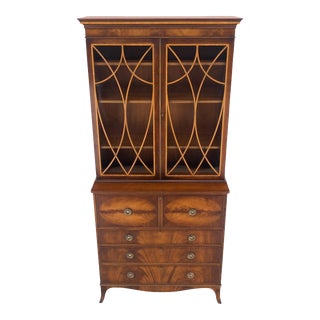 Tall Narrow Georgian Flame Mahogany Drop Front Secretary Desk Individual Glass For Sale