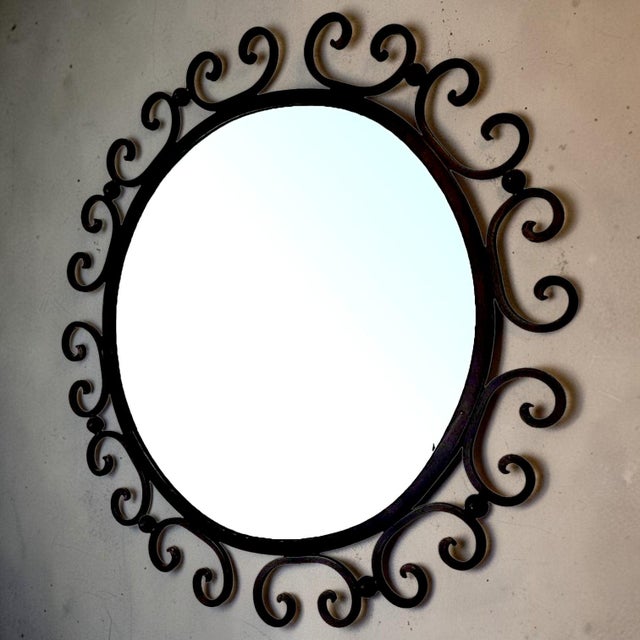 1960s Rustic Black Wrought Iron Round Scrollwork Sunburst Wall Mirror For Sale - Image 4 of 7