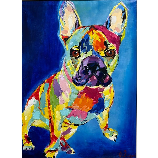 Colorful French Bulldog painting signed W Biaggi. A Frenchie painted in thick spots and splashes of color laid on the...