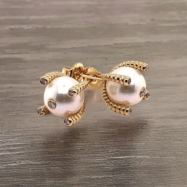 Traditional Diamond Large Akoya Pearl Earrings 14k Gold 9.25 mm Certified For Sale - Image 3 of 14