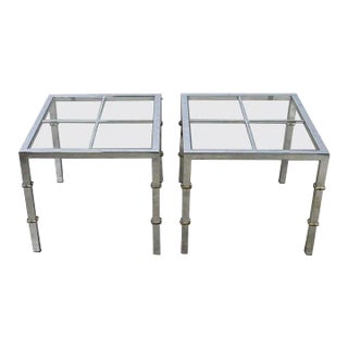 Hollywood Regency Chrome & Glass Square End Tables Brass Details a Pair Style of Maison Jansen For Sale