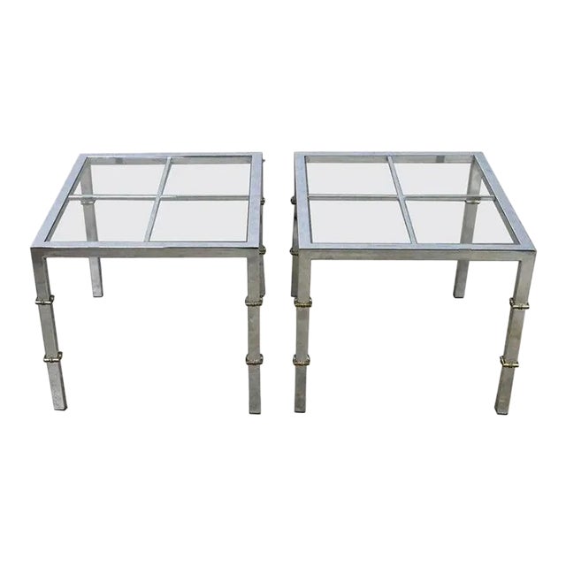 Hollywood Regency Chrome & Glass Square End Tables Brass Details a Pair Style of Maison Jansen For Sale