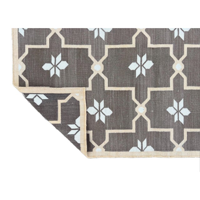Casa Cosima Handmade Cotton Natural Vegetable Dyed Rug Brown and Cream Flower Pattern Dhurrie - 8'x10' For Sale - Image 4 of 11