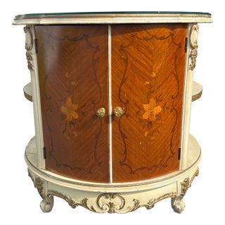 Vintage Italian-Style Marquetry Round Accent Table / Nightstand With Storage For Sale