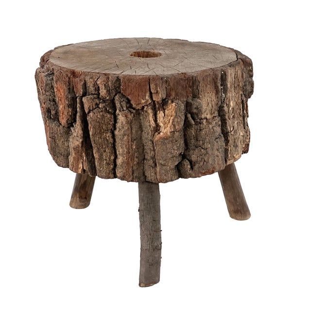 Antique Late 1800s Rustic Primitive Wood Adirondack Tripod Log Stool With Bark Exterior For Sale - Image 4 of 10