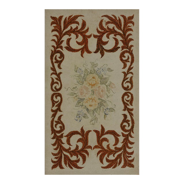 1930s Ivory Floral Folk Art Antique American Hooked Rug 2'8" X 4'8" Handknotted Wool Carpet For Sale