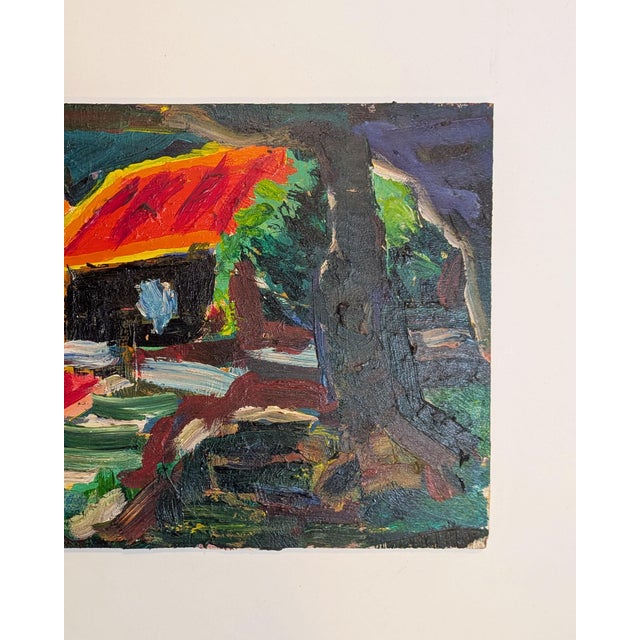 Expressionism Vintage Mid-Century Expressionist Architectural Pagoda Landscape Painting For Sale - Image 3 of 4