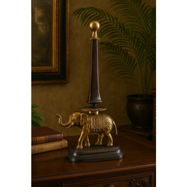 Vintage Brass Elephant Sculpture With Finial 20.5" Safari Luxe Animal Decor Hollywood Regency & Colonial Revival Accent For Sale - Image 6 of 11
