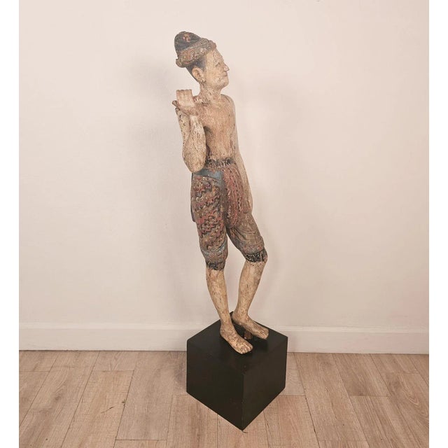 Beige 19th Century Southeast Asian Tall Painted & Carved Wood Figure of a Man For Sale - Image 8 of 15